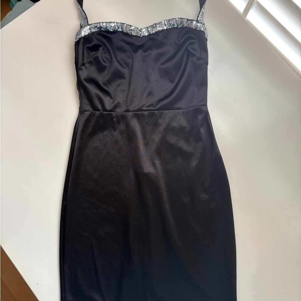 Elegant Black Satin Halter Dress with Silver Accents